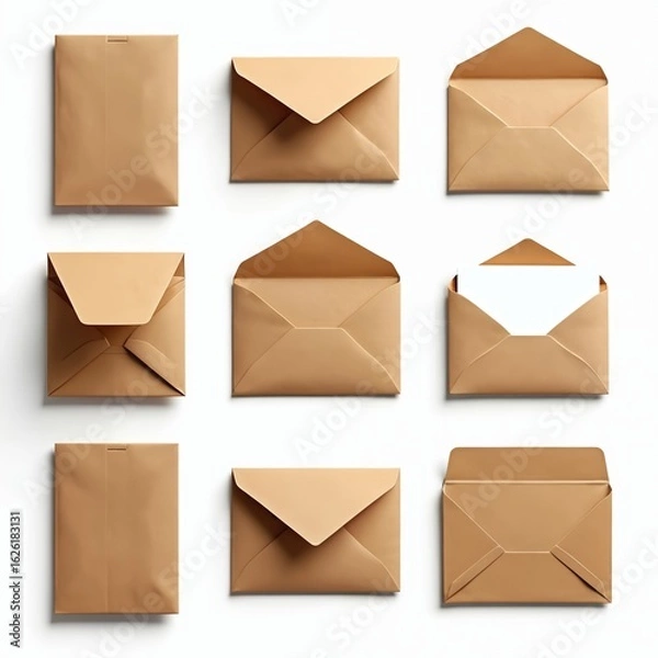 Fototapeta Collection of brown paper envelopes in various states closed, open, with white card inside. Offers multiple angles, craft mail, stationery supplies for business correspondence personal messages.