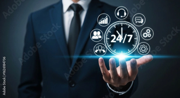 Fototapeta Man in suit displaying 24 7 service icons and clock graphic