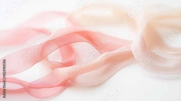 Fototapeta Flowing pink and beige translucent ribbons creating elegant abstract minimalist wave motion on white background