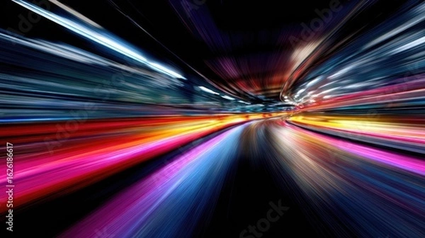 Fototapeta Abstract vibrant light trails, fast motion tunnel