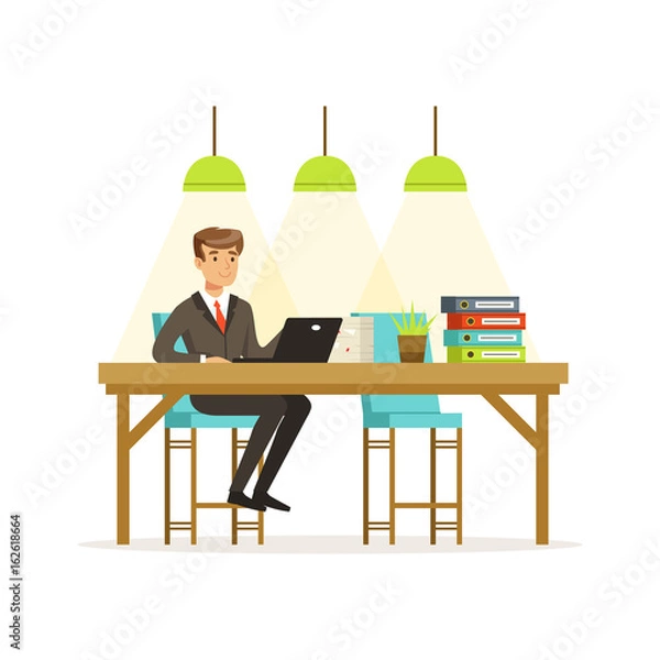 Fototapeta Smiling businessman in a suit working with laptop in the open space office vector Illustration