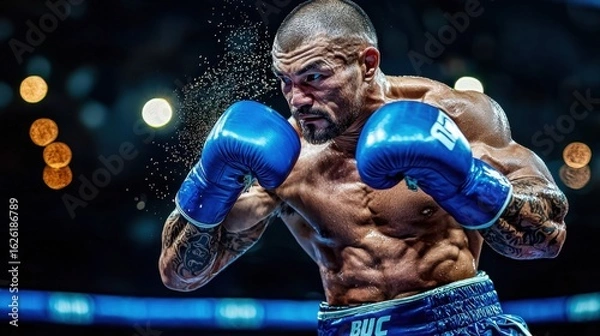 Fototapeta Intense boxing match featuring a muscular male athlete throwing a punch with blue gloves in a dark arena, water droplets splashing, capturing focus, strength, determination and action