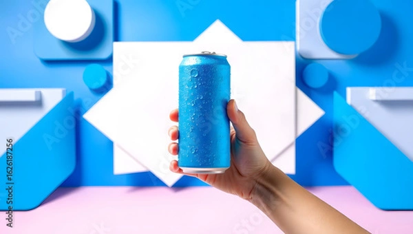 Fototapeta A hand holding a vibrant blue can, symbolizing refreshment and modern design, is placed in front of a colorful backdrop