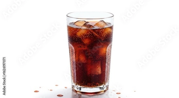 Obraz Refreshing Glass of Cola with Ice Cubes and Condensation, Isolated