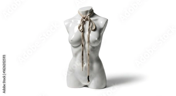 Obraz A glossy white headless female mannequin torso with a beige rope tied in a bow around its neck.