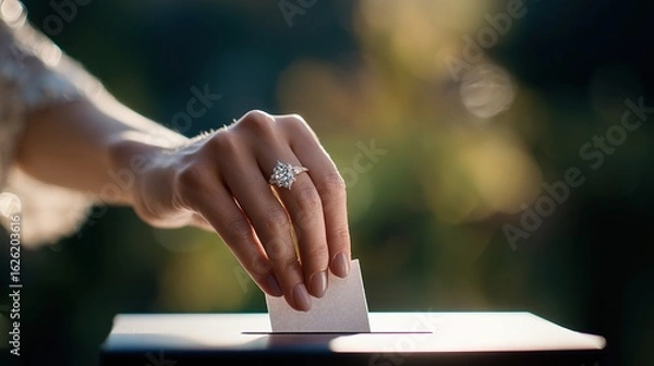 Obraz 投票箱に入れる女性の手と指輪
