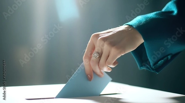 Obraz 投票箱に入れる女性の手と指輪
