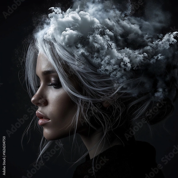 Fototapeta Surreal Fantasy Portrait of Cloud Goddess - Ethereal Woman with Smoke Hair - Dreamy Digital Art of Mystical Face - Modern Fantasy Illustration with Light Effects