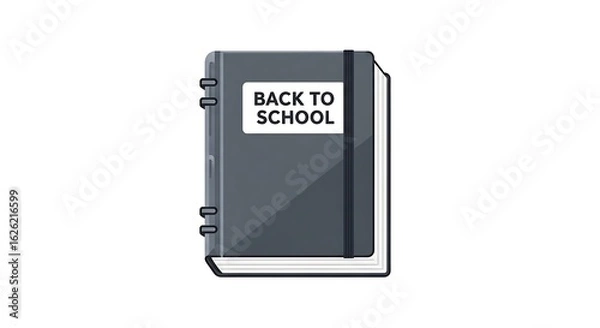 Fototapeta A gray notebook with a black elastic band and a back to school label on a white background