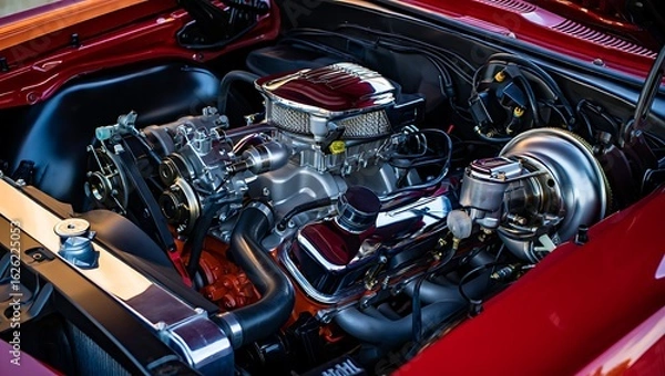 Obraz Detailed view of a meticulously restored classic car engine showcasing vintage automotive engineering and impeccable chrome detailing