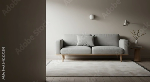 Fototapeta Scandinavian style living room interior with a gray sofa on a plush rug. A bright, minimalist and comfortable home design concept.