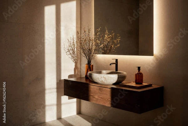 Fototapeta An organic modern bathroom with a carved stone vanity, a floating walnut vanity, and an amber finish for an autumnal vibe.
