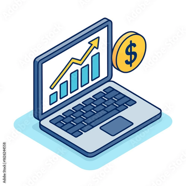 Fototapeta Isometric Laptop with Growth Chart and Coin