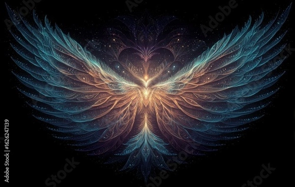 Fototapeta A winged angel with a heart in the center. The wings are blue and the heart is gold