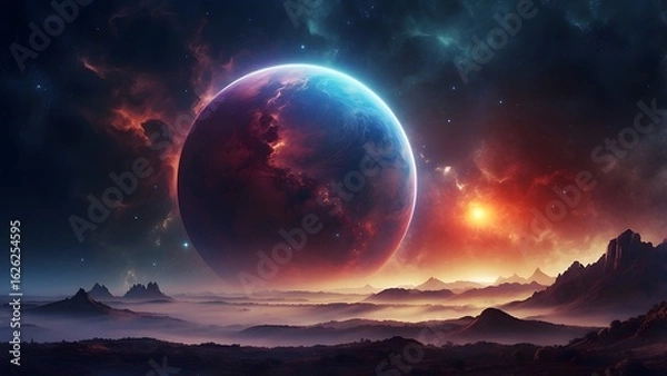 Fototapeta A glowing crescent planet partially hidden by a cosmic mist..Cinematic theme, HDR, Vibrant