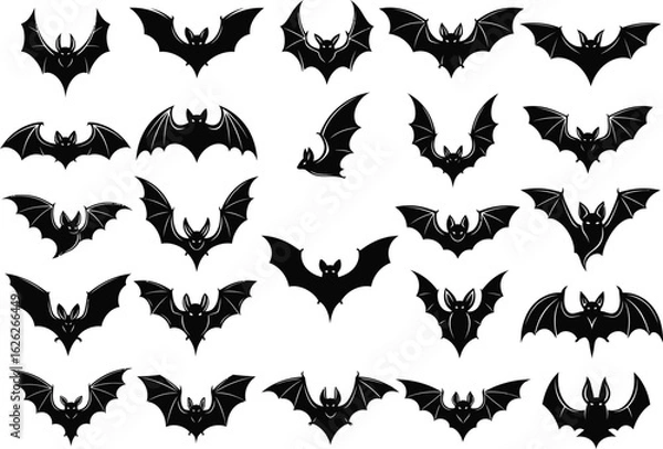 Fototapeta Collection of silhouetted bat wings in various flying poses against a white background for spooky halloween decorations