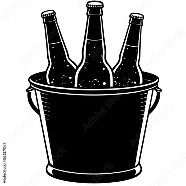 Fototapeta Three beer bottles in ice bucket monochrome silhouette vector illustration