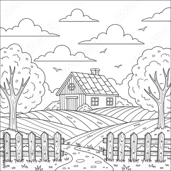 Obraz Black and white countryside farm illustration with house, trees, wooden fence, fields, and clouds perfect for rural landscape coloring book pages