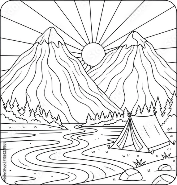 Obraz Black and white mountain landscape illustration with sunrise, river, pine trees, and camping tent perfect for outdoor adventure coloring book pages