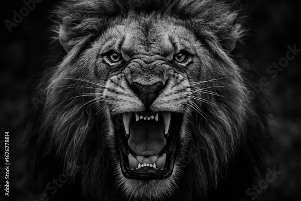 Fototapeta Fierce African lion in a powerful display of dominance, roaring with fury in a stunning black and white close-up portrait