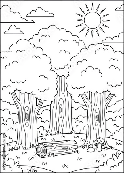 Obraz Black and white forest illustration with large trees, sun, clouds, and grass perfect for nature and outdoor scenery coloring book pages