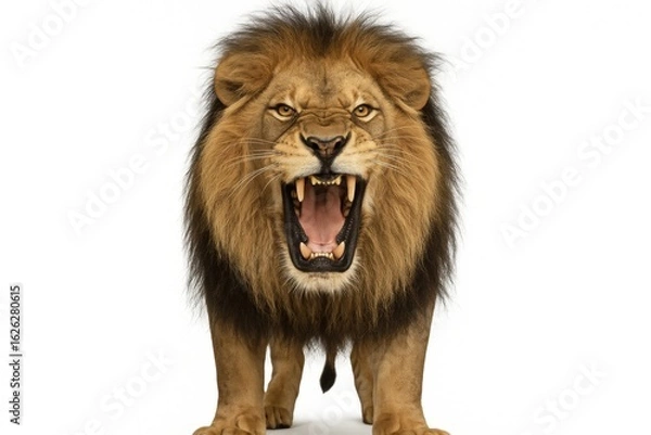 Fototapeta Majestic Male Lion Roaring with Mouth Open, Displaying Teeth and Fierce Expression