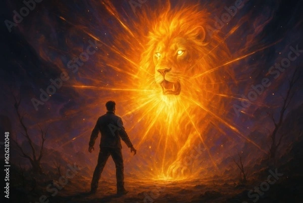 Fototapeta Man Confronting a Glowing Lion A Surreal and Dramatic Visualization