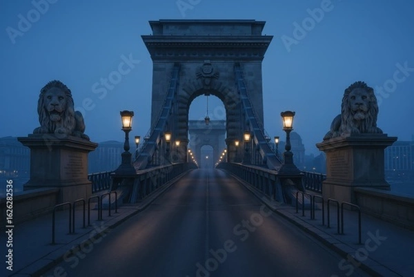 Fototapeta A majestic historic stone bridge guarded by grand lion statues, with illuminated lanterns lighting the empty roadway during the atmospheric blue hour