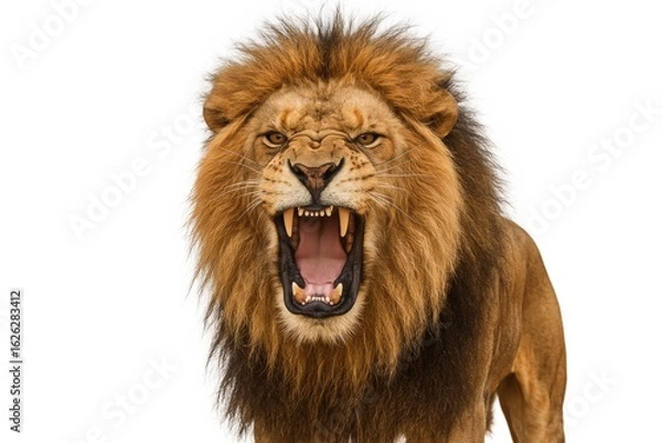 Fototapeta Fierce male lion with a magnificent mane roaring aggressively, showing its teeth and fangs, isolated on a white background