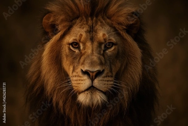 Fototapeta An imposing close-up portrait of a noble lion's face, its piercing eyes and magnificent mane symbolizing strength, leadership, and the wild