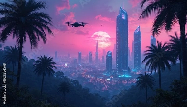 Fototapeta Futuristic cityscape at dusk featuring towering skyscrapers, neon lights under vibrant pink, purple sky. Palm trees frame urban landscape, drone flies overhead, blend of nature, advanced technology.