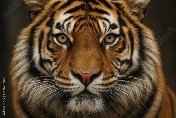 Fototapeta A magnificent close-up portrait of a powerful tiger's face, staring intently with striking golden eyes against a dark, blurred background