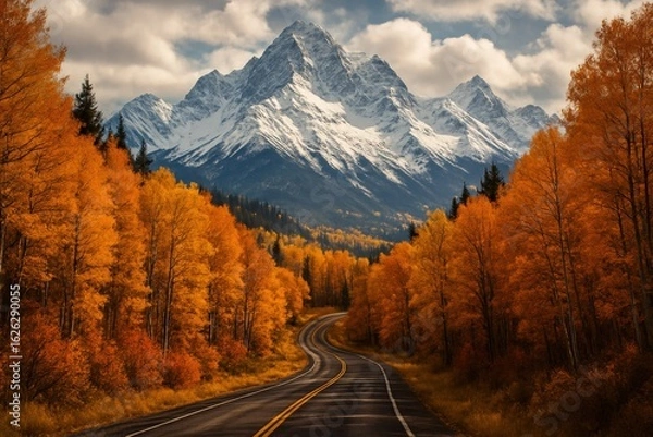 Fototapeta Spectacular autumn drive on a winding highway leading to a majestic snow-covered mountain range