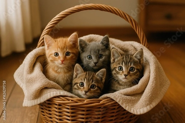 Fototapeta Adorable litter of kittens nestled cozily in a woven basket lined with a soft, warm blanket, creating a heartwarming scene of feline companionship
