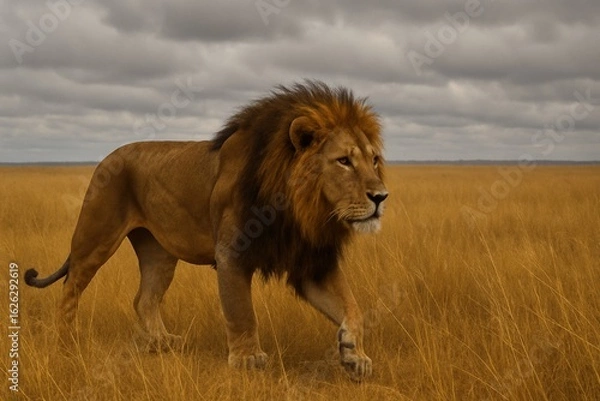 Fototapeta Portrait of a magnificent wild male lion with a large mane walking through the golden grass of the African savanna against a dramatic cloudy sky