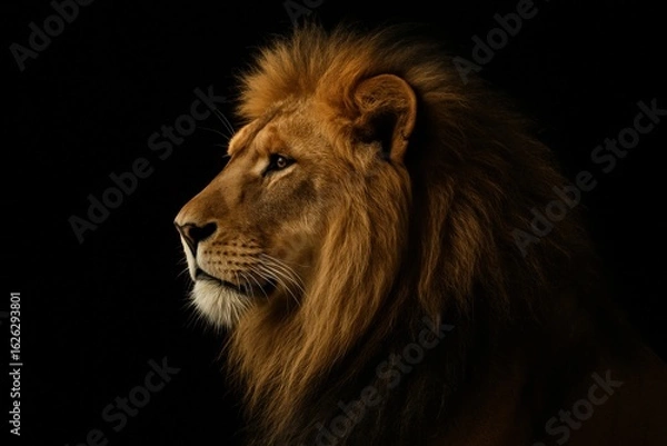 Fototapeta Profile portrait of a powerful adult male lion with a magnificent mane isolated on a solid black background