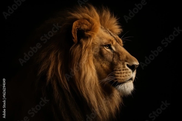 Fototapeta Majestic male lion profile with a golden mane against a stark black background, symbolizing power and leadership