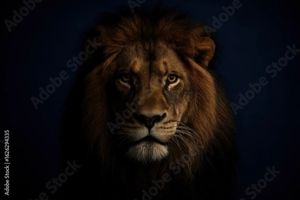 Fototapeta A powerful male lion emerges from the shadows in this dramatic portrait, his intense gaze and majestic mane symbolizing wild regality and strength
