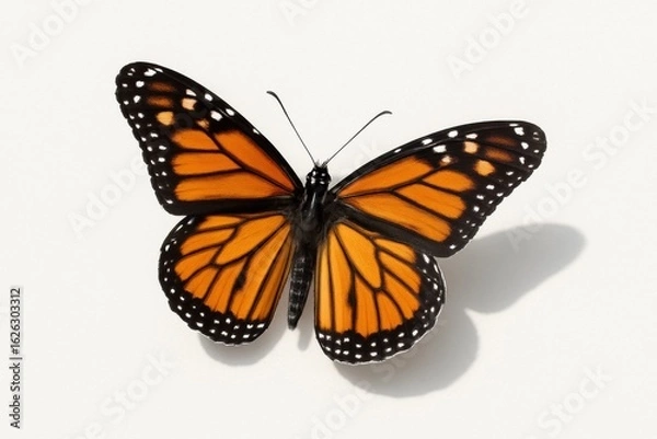 Fototapeta Elegant studio shot of a vibrant Monarch butterfly with wings fully spread, showcasing its iconic orange and black patterns against a clean white background