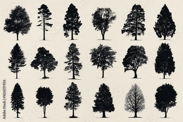 Fototapeta Elegant black tree silhouettes showcasing diverse species for nature lovers and forest-themed projects, enriching your design collection with stunning visual elements and inspiration