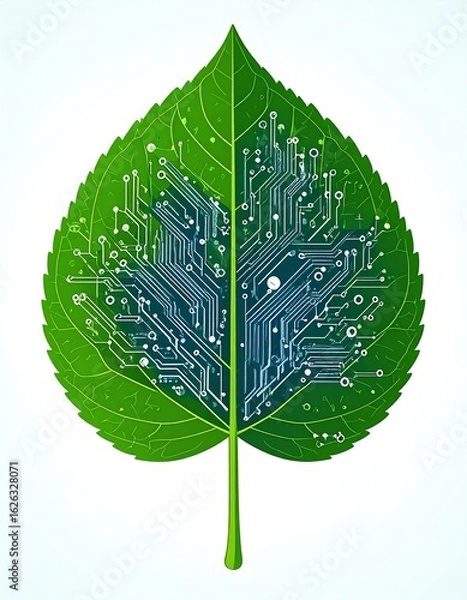 Fototapeta A digital leaf with circuits representing the blend of technology and nature in modern design.