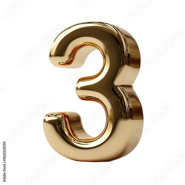 Fototapeta 3d render of golden number 3 with shiny metallic finish
