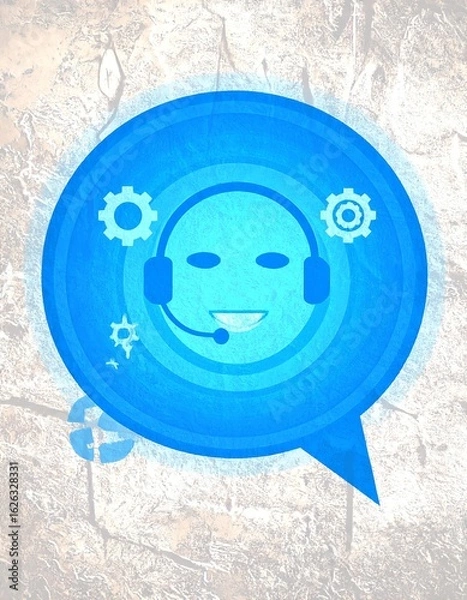 Fototapeta A blue graphic illustration of a friendly chatbot interface with gears, symbolizing automation and customer service.