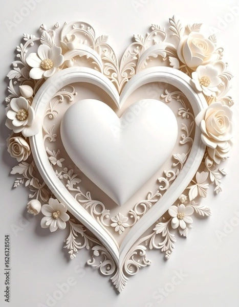 Fototapeta Elegant white heart shape surrounded by intricate floral designs, symbolizing love and artistic craftsmanship.