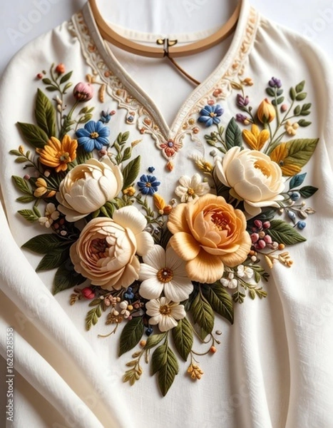 Fototapeta Beautifully embroidered floral design on fabric showcasing intricate details and vibrant colors.