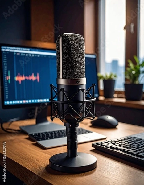 Fototapeta A modern microphone setup on a wooden desk, perfect for podcasting, recording, or streaming in a cozy room.