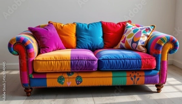 Fototapeta Vibrant multicolored couch offering a bold splash of color and comfort in a contemporary living space setting