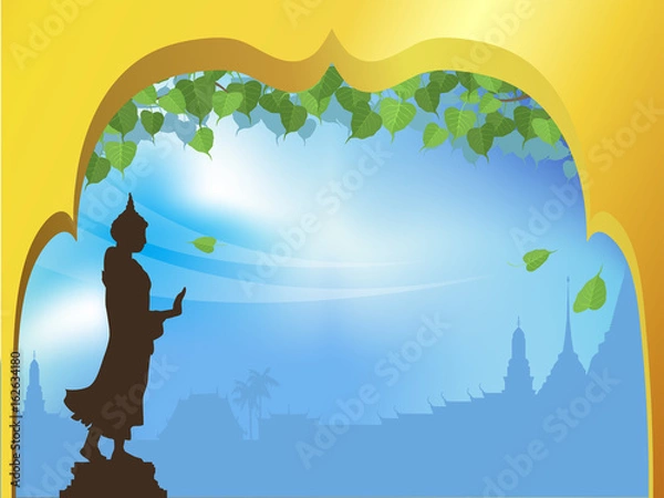 Fototapeta Buddha statue and Bodhi tree with Golden arch temple of thai tradition background.