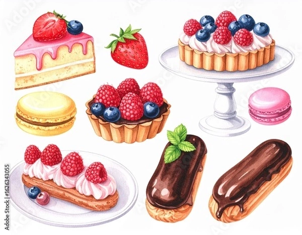 Fototapeta Watercolor set of different desserts: cheesecake, chocolate eclairs, and a tart with berries