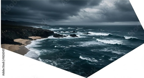 Fototapeta 荒波砕ける黒雲の海岸 ドラマチックな波と暗い空. AI Generated